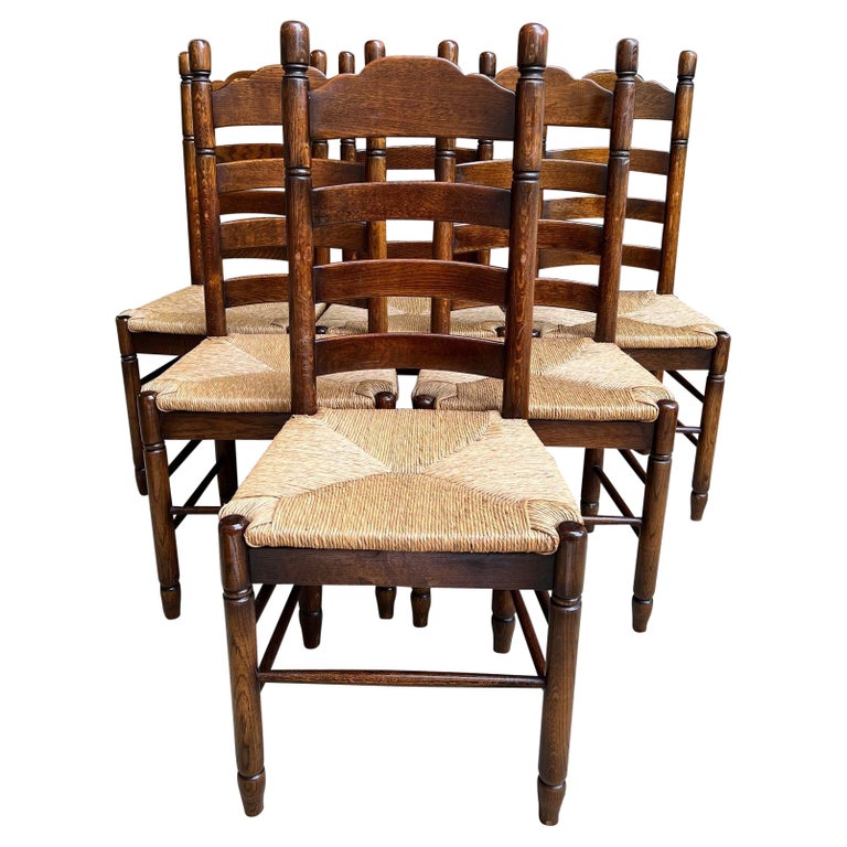 Set 6 Antique French Ladder Back Dining Chairs Carved Oak Rush Seat