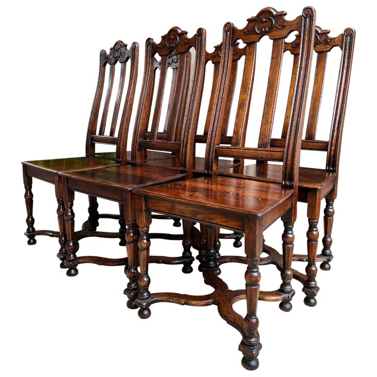 Set of 6 Antique French Provincial Country Style Dining Chairs Carved