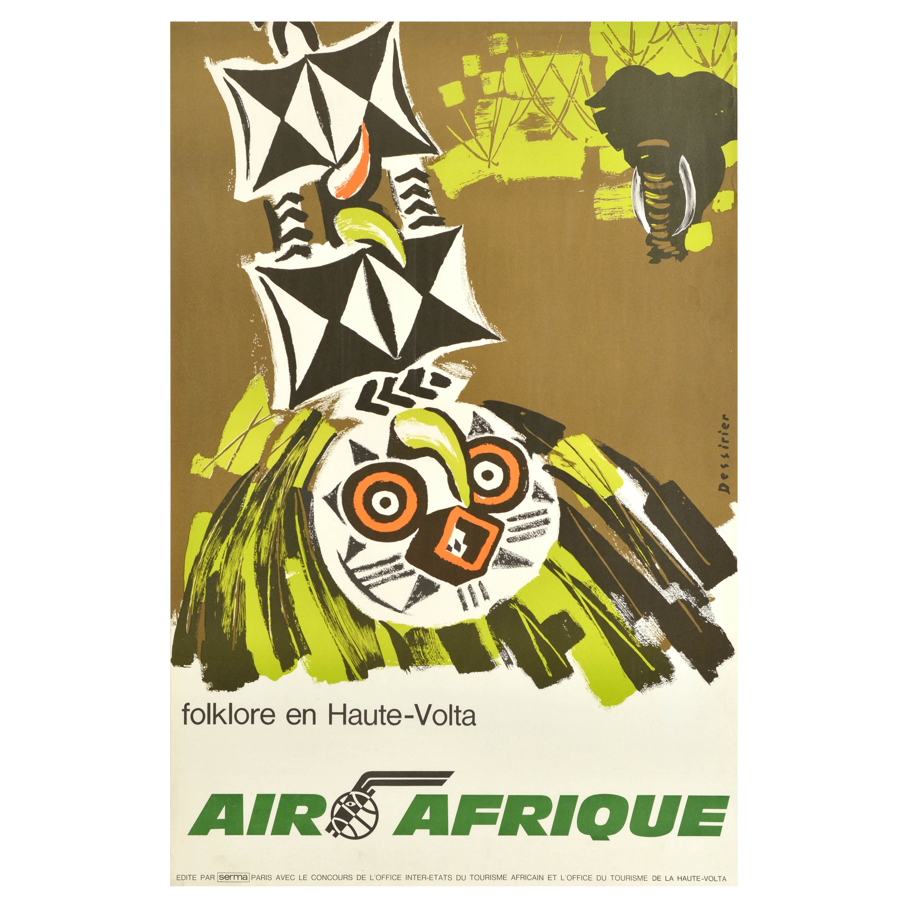 Affiche rétro originale de voyage Air Afrique, Volta de l'Upper Volta, Burkina Faso, Afrique en vente