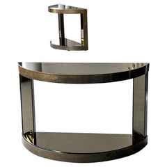 Bronze and Bronze Mirror Pair of Modern Cantilevered French Console Tables