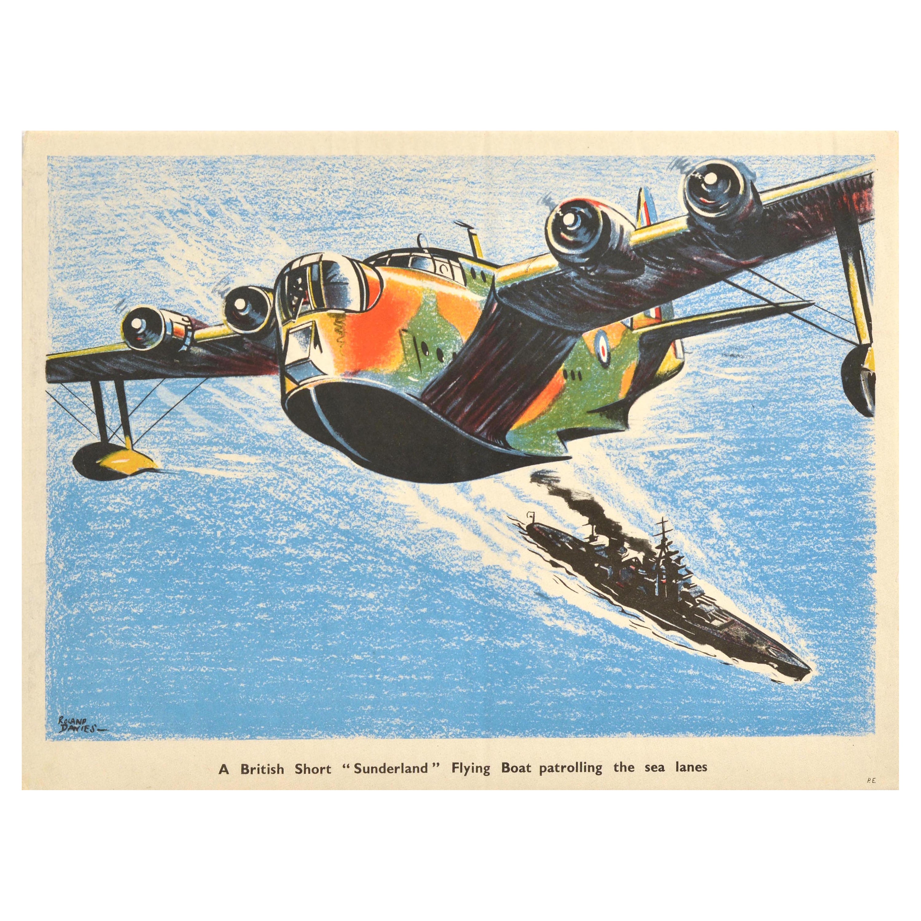 Original Vintage War Poster British Short Sunderland Flying Boat WWII RAF Navy For Sale