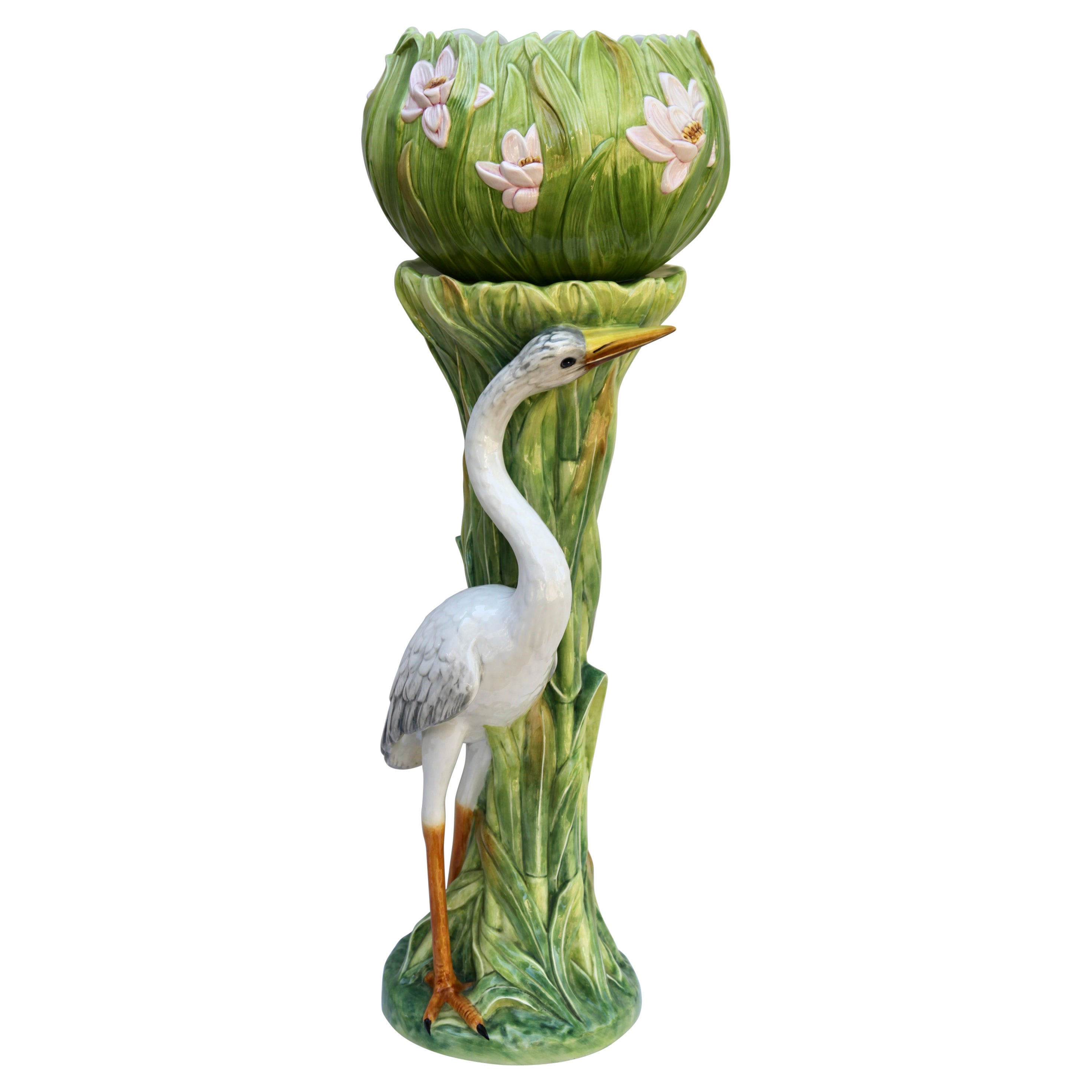 Two Columns with Heron and Planter in the Style of Delphin Massier For Sale