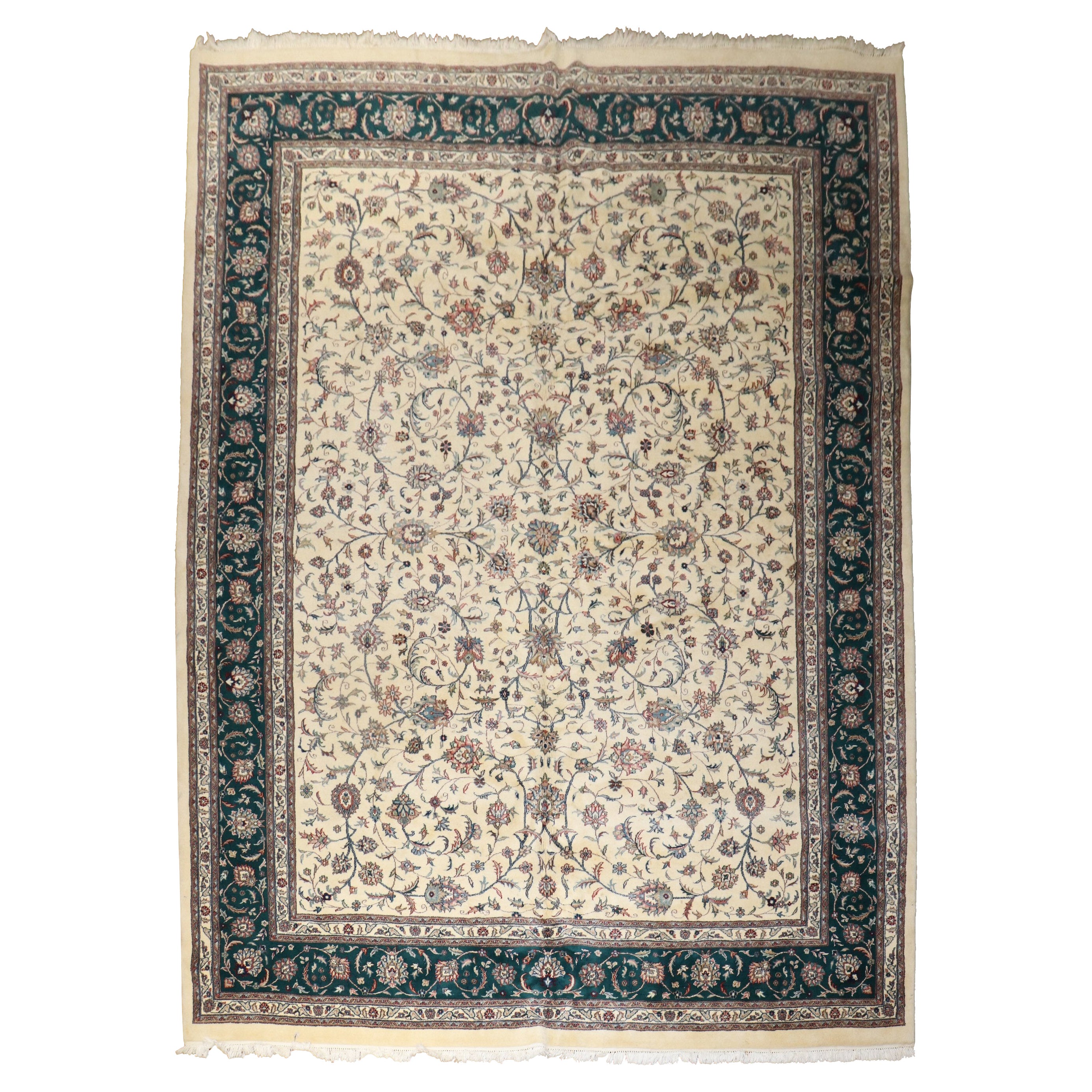 Großer elfenbeingrüner indischer Vintage-Raumteppich im Angebot
