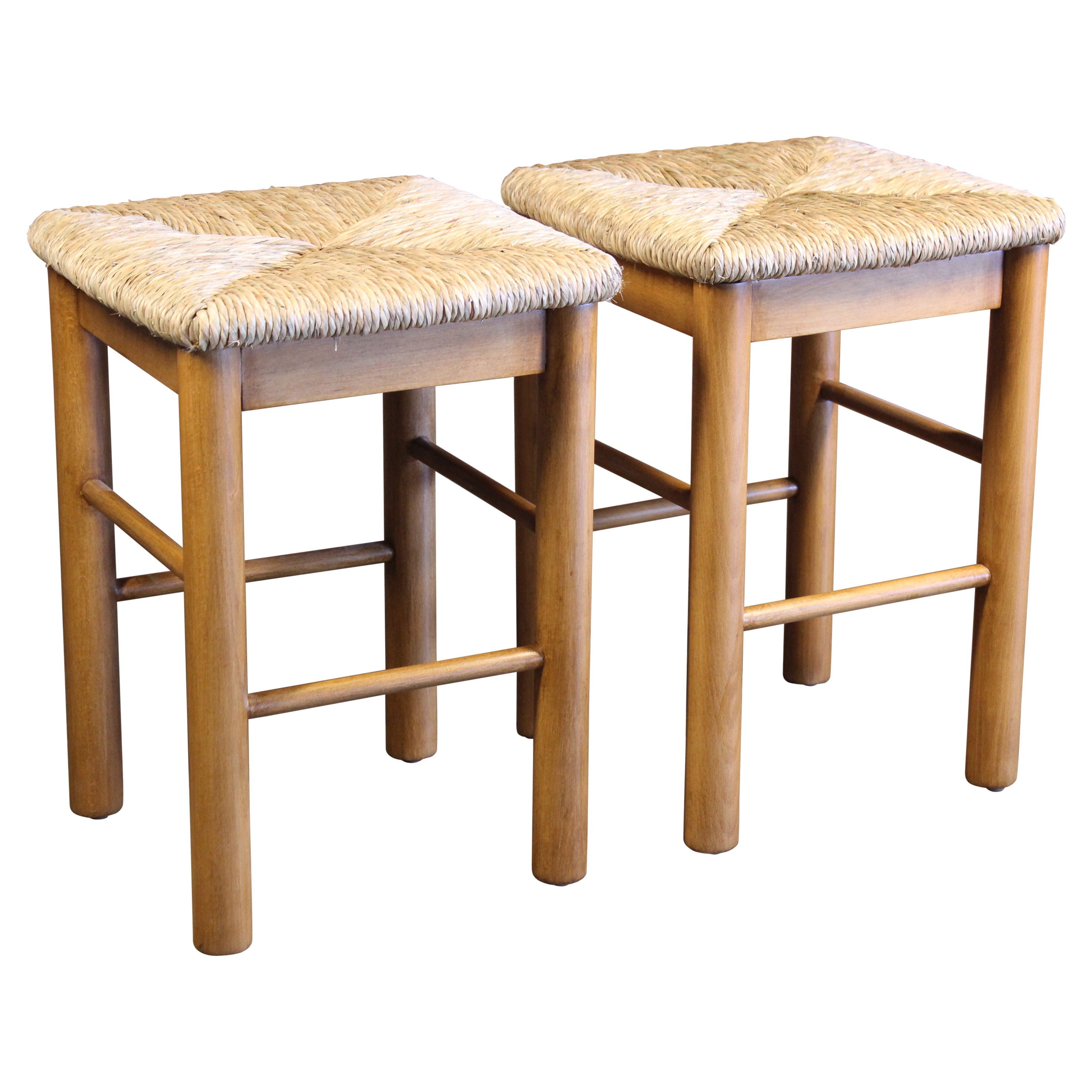 Pair of Perriand Style Rush Stools, France, 1960s For Sale
