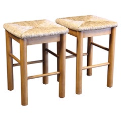 Retro Pair of Perriand Style Rush Stools, France, 1960s
