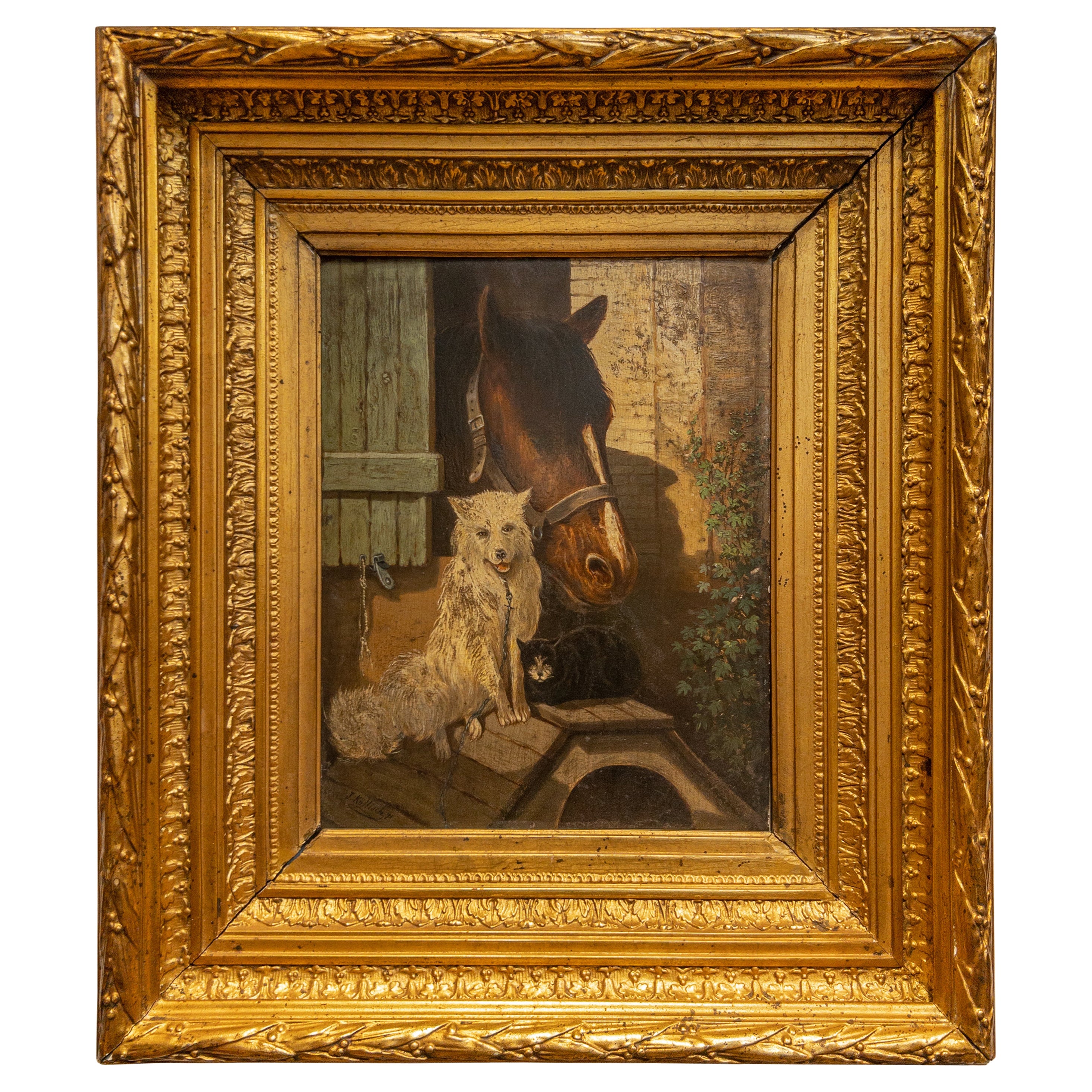 1940s Animal Painting in Gilt Frame For Sale