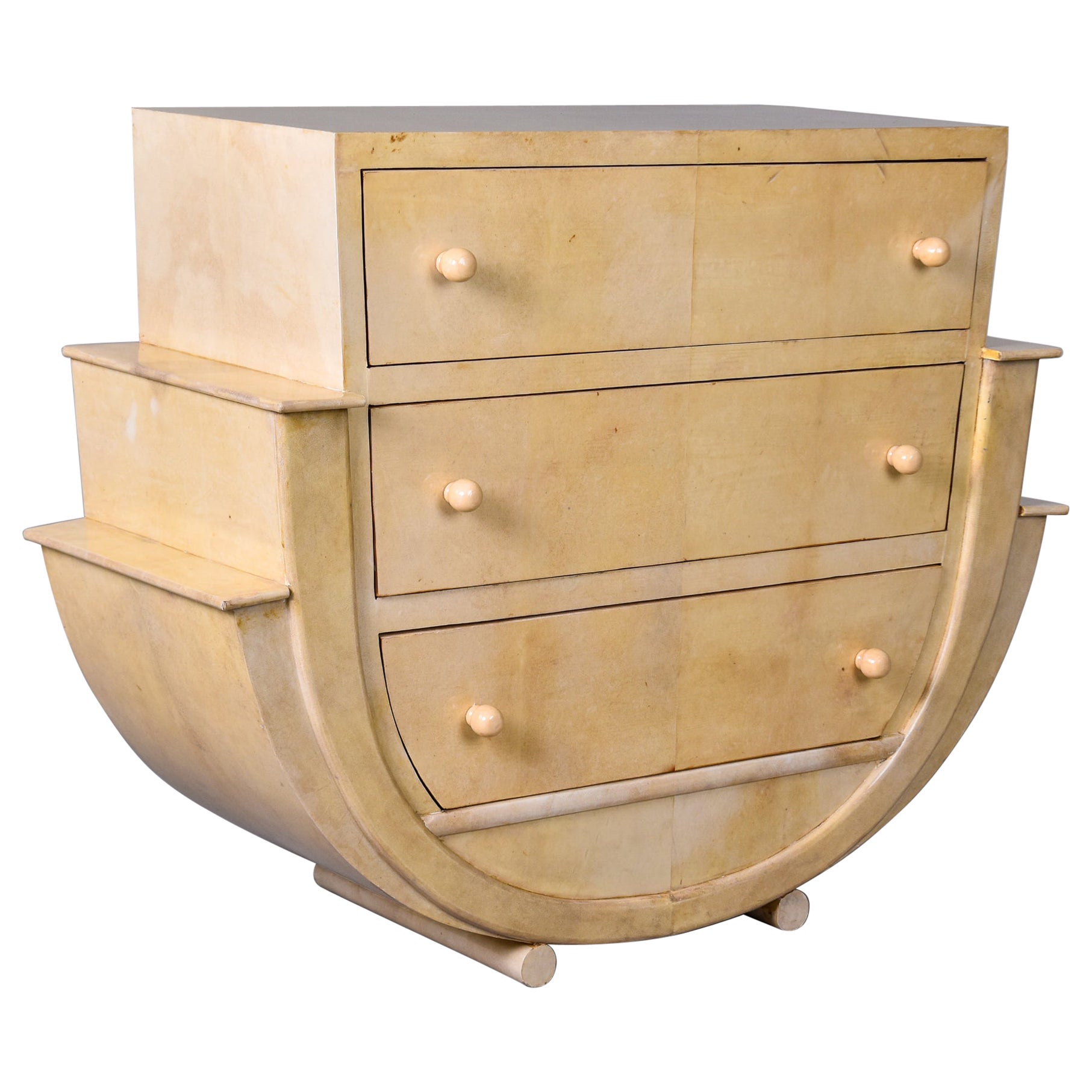 Curvy Deco Style Italian Three Drawer Parchment Covered Chest For Sale