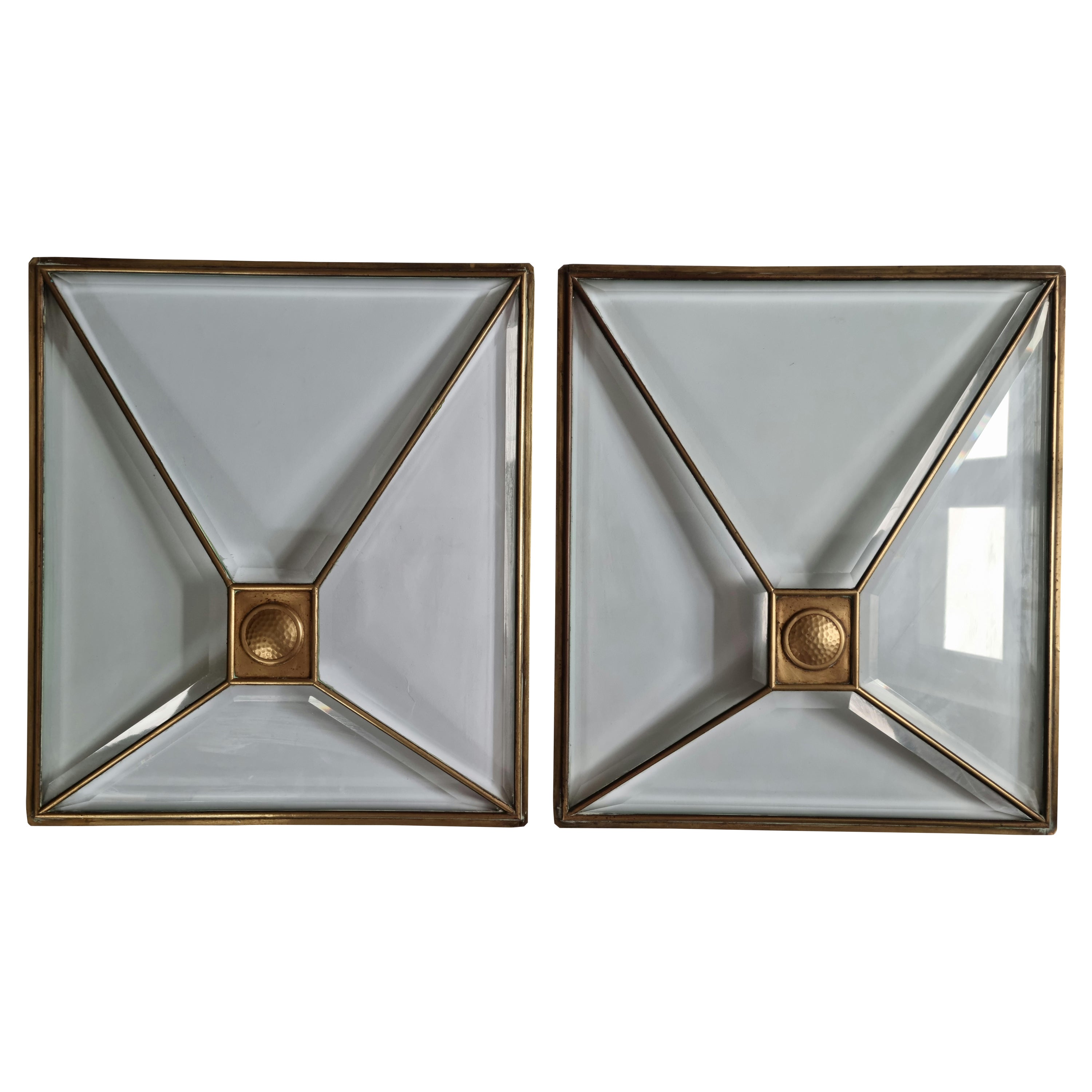 Set of Two Rare Art Deco Windows, Faceted Glass and Brass, Austria, 1930s
