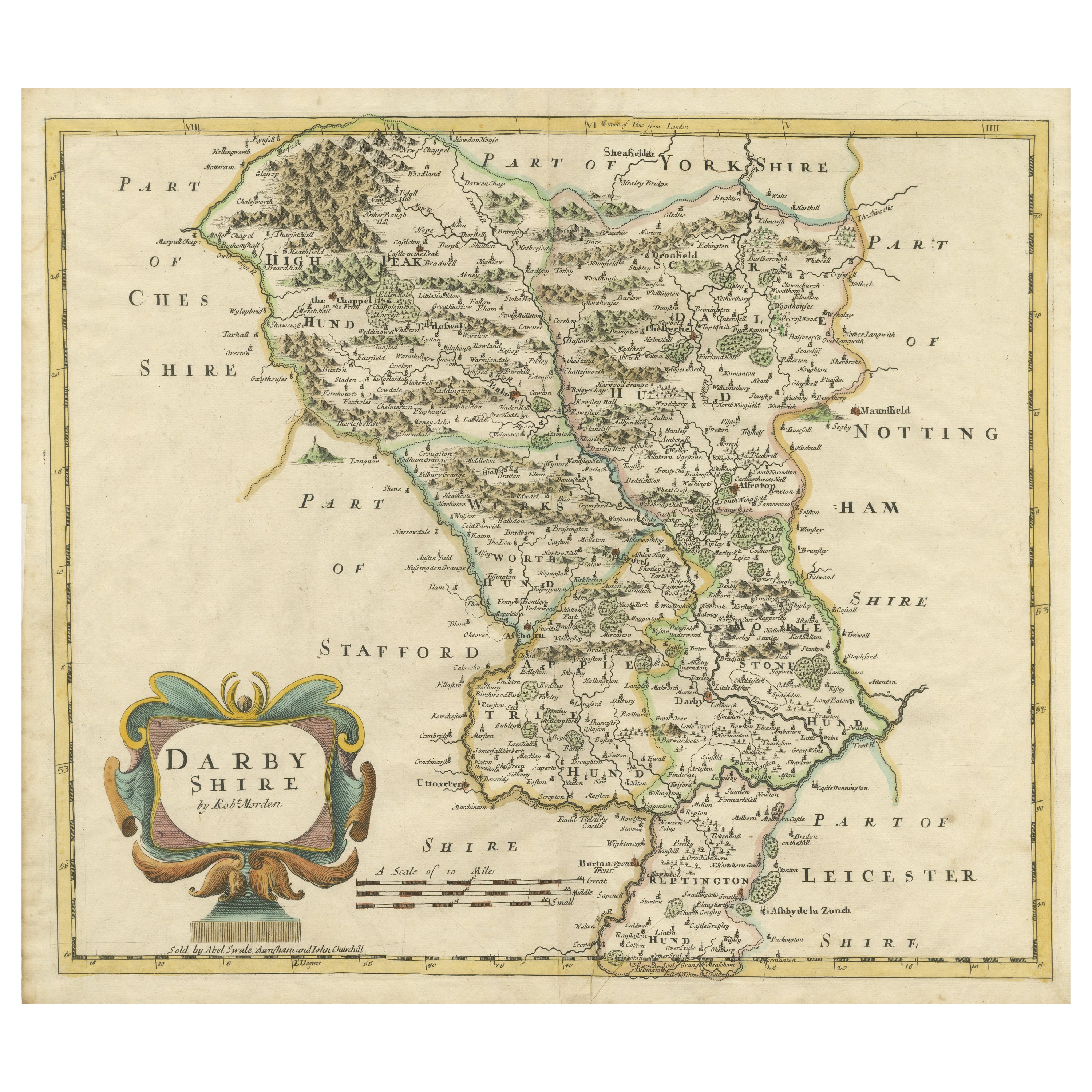 Carte originale et ancienne du comté du Derbyshire, Angleterre