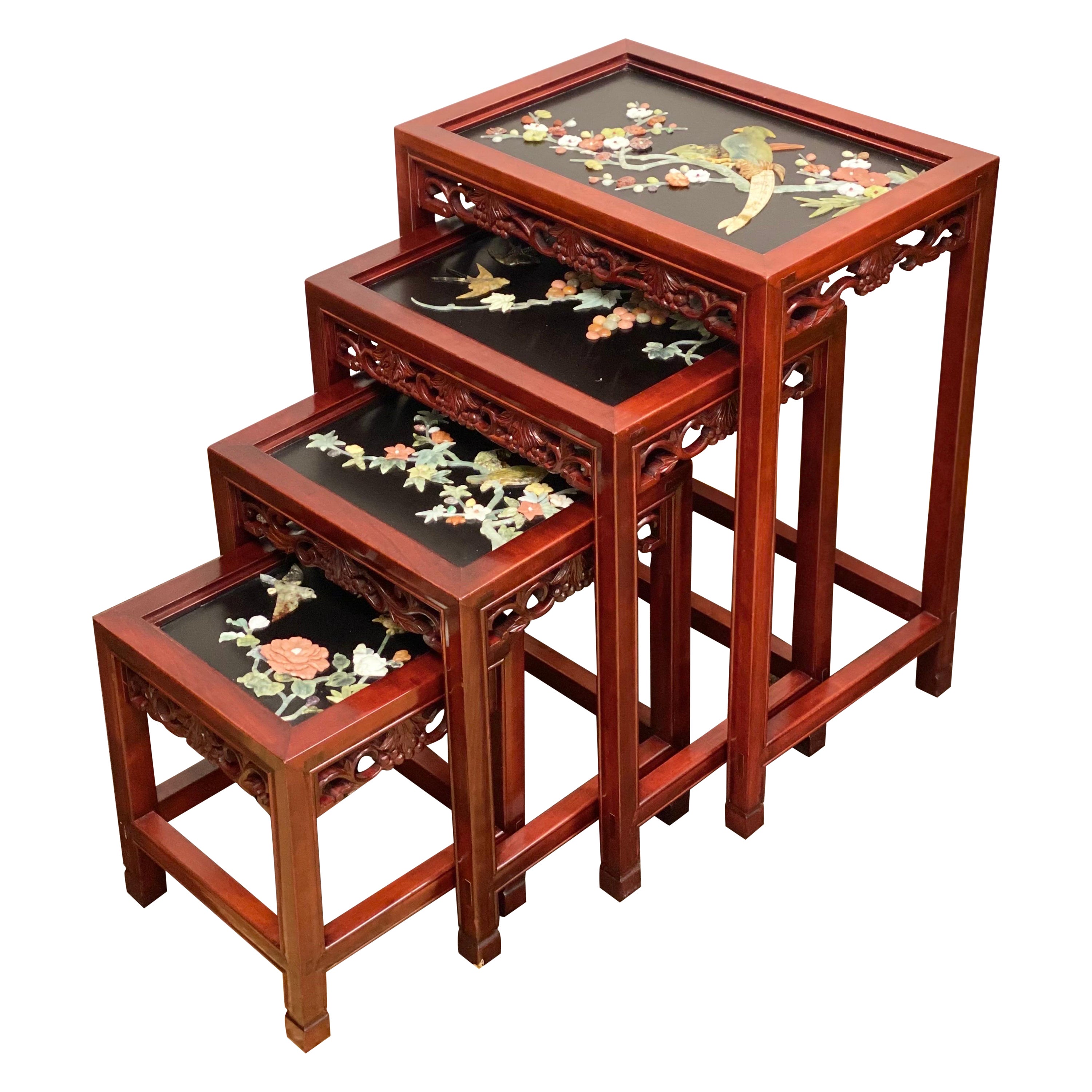 Antique Rosewood and Jade Chinoiserie Nesting Tables with Diorama Tops, 4  For Sale