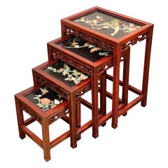 Antique Rosewood and Jade Chinoiserie Nesting Tables with Diorama Tops, 4 