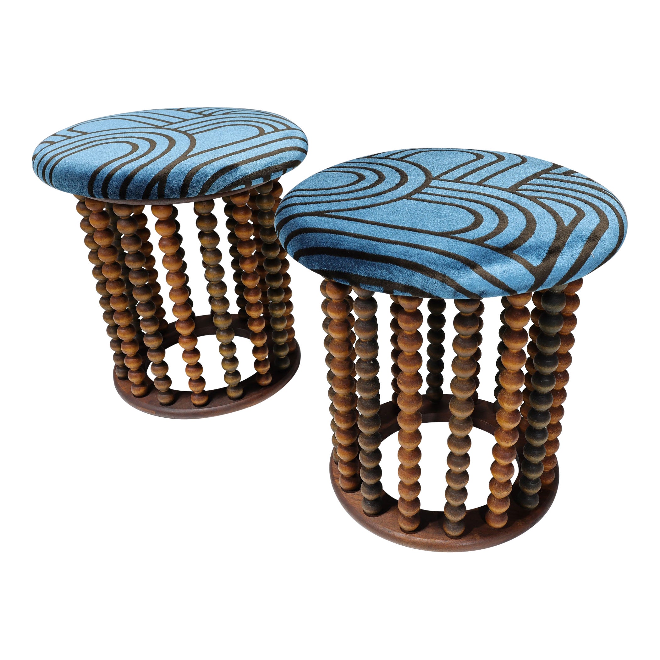 Arthur Umanoff Style Beaded Wood Stools with New Upholstery For Sale