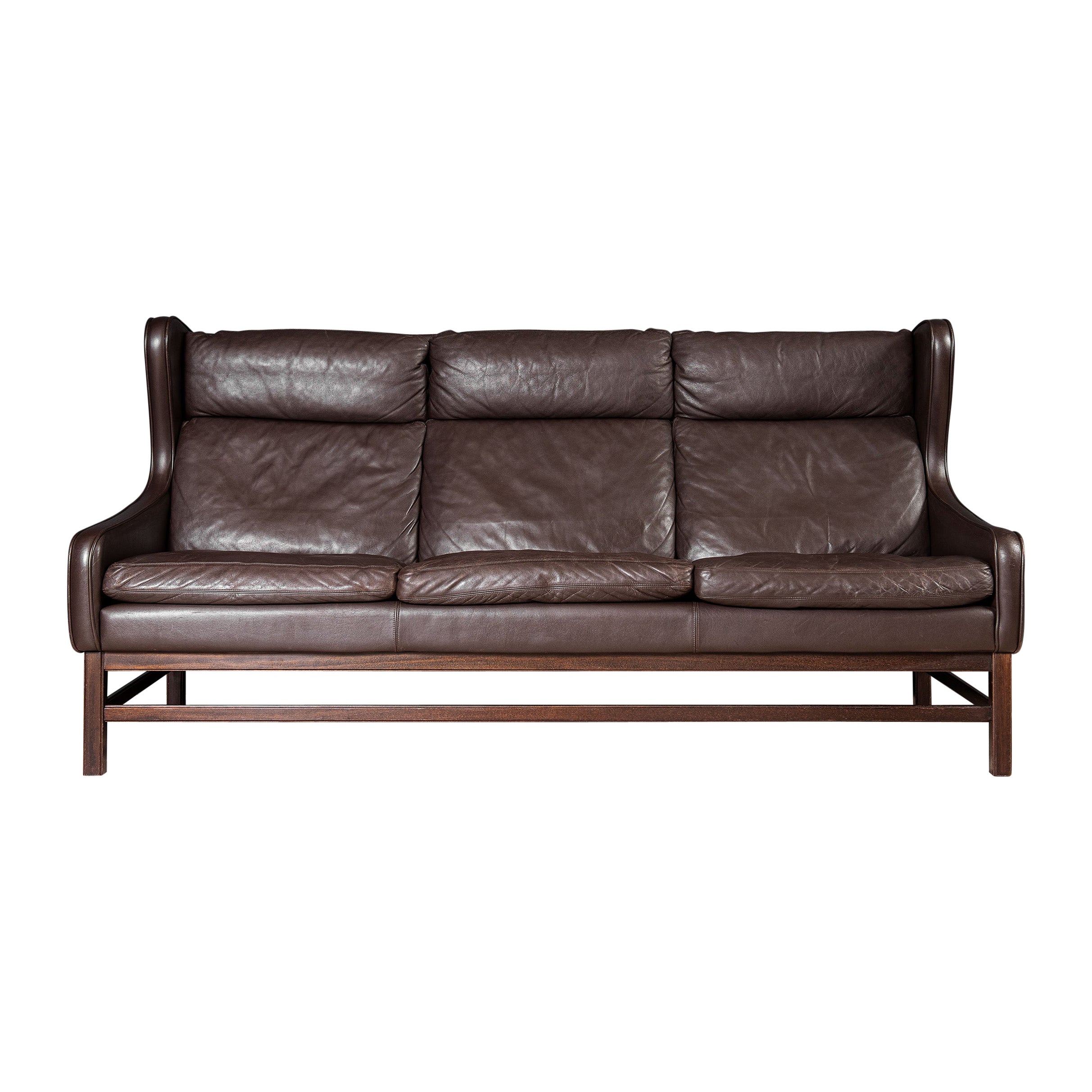 Danish Leather 3 Seater Wing-Back Sofa For Sale