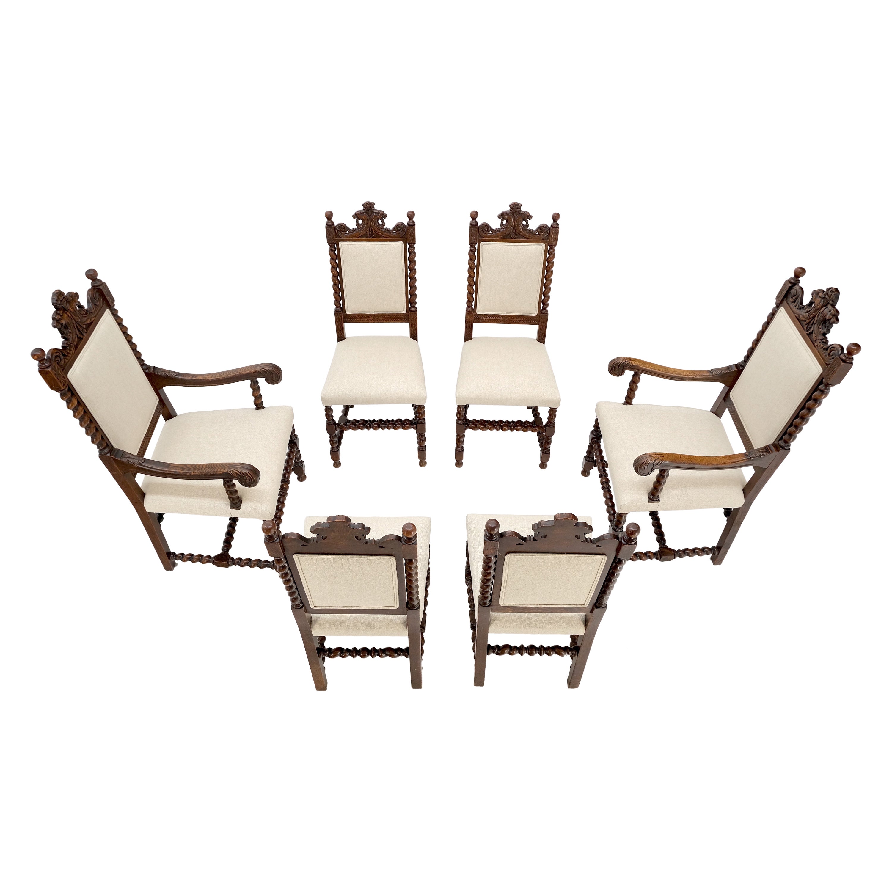 6 chaises de salle à manger jacobéenne en chêne sculpté à tête de lion, pieds torsadés, tapisserie neuve