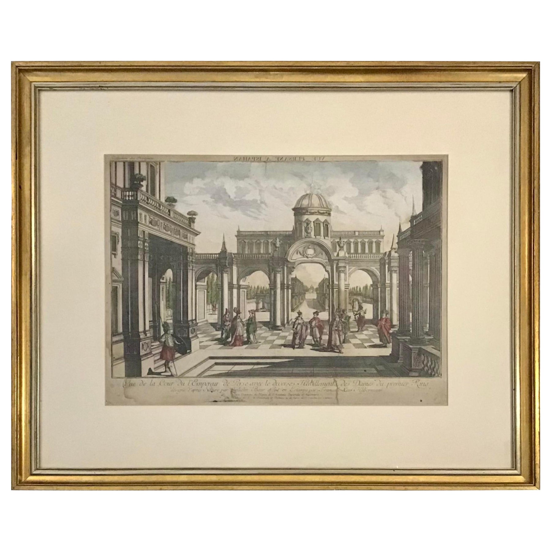 Gravure française du 18ème siècle représentant une scène architecturale avec des détails à l'aquarelle