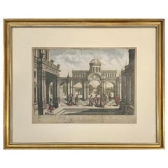 French 18th Century Etching of Architectural Scene With Watercolor Details