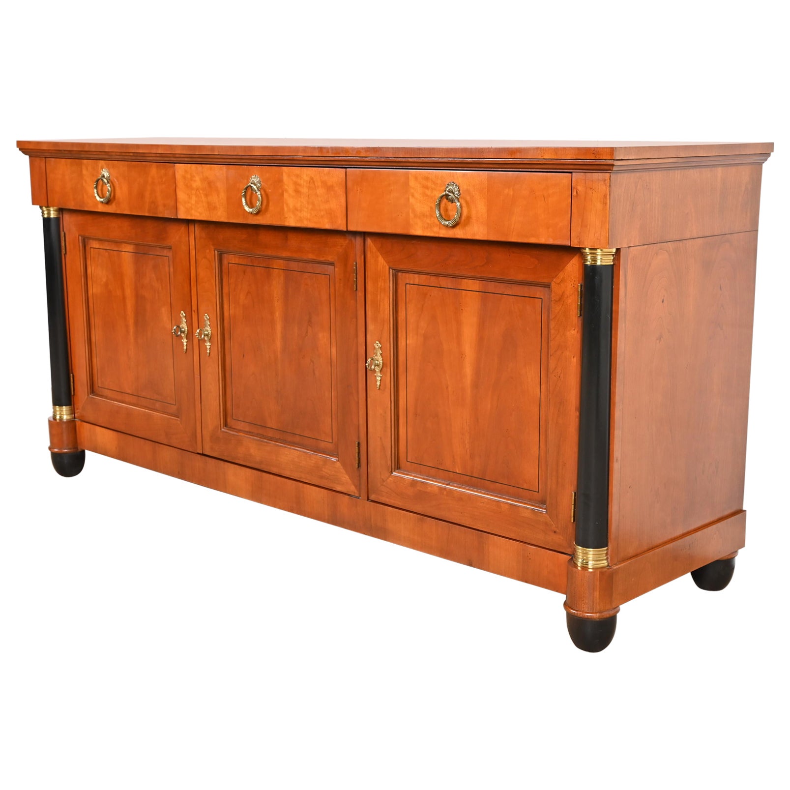 Baker Furniture French Empire Cherry Wood and Parcel Ebonized Sideboard Credenza For Sale