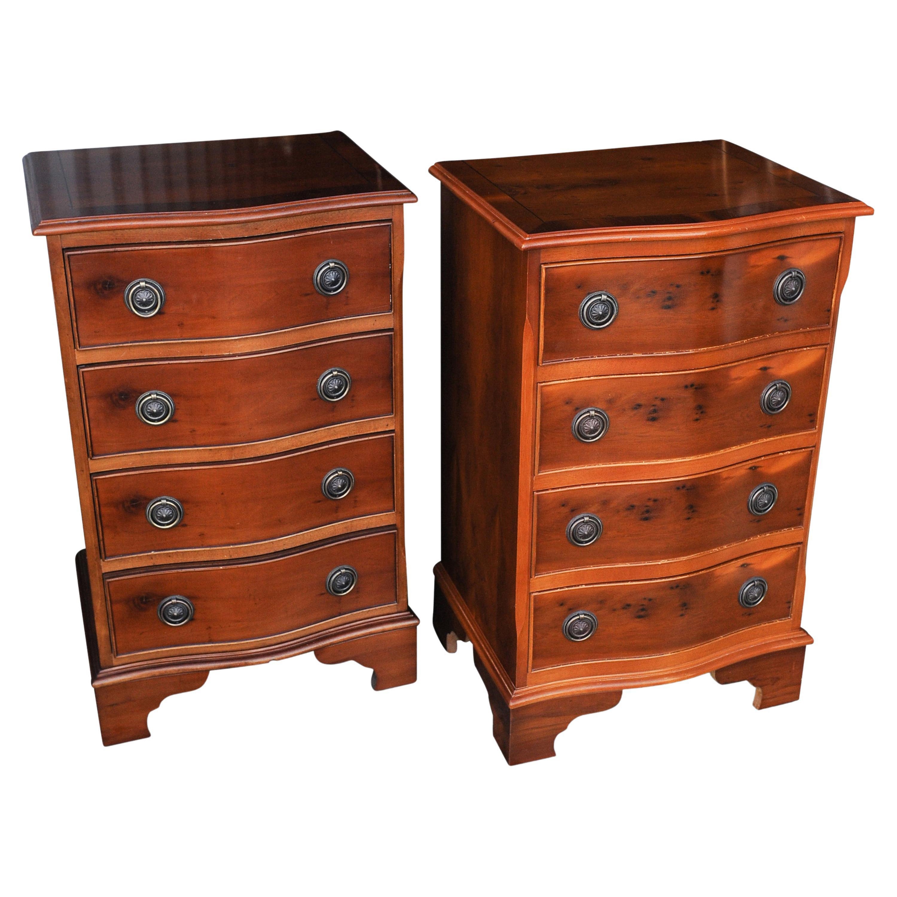 Pair of Matching Yew wood serpentine front four drawer bedside chest of drawers on bracket feet. Styled for the 19th Century Georgian England Period. Ideal for The Bedroom or Sitting Room, Lounge or even Office.

.