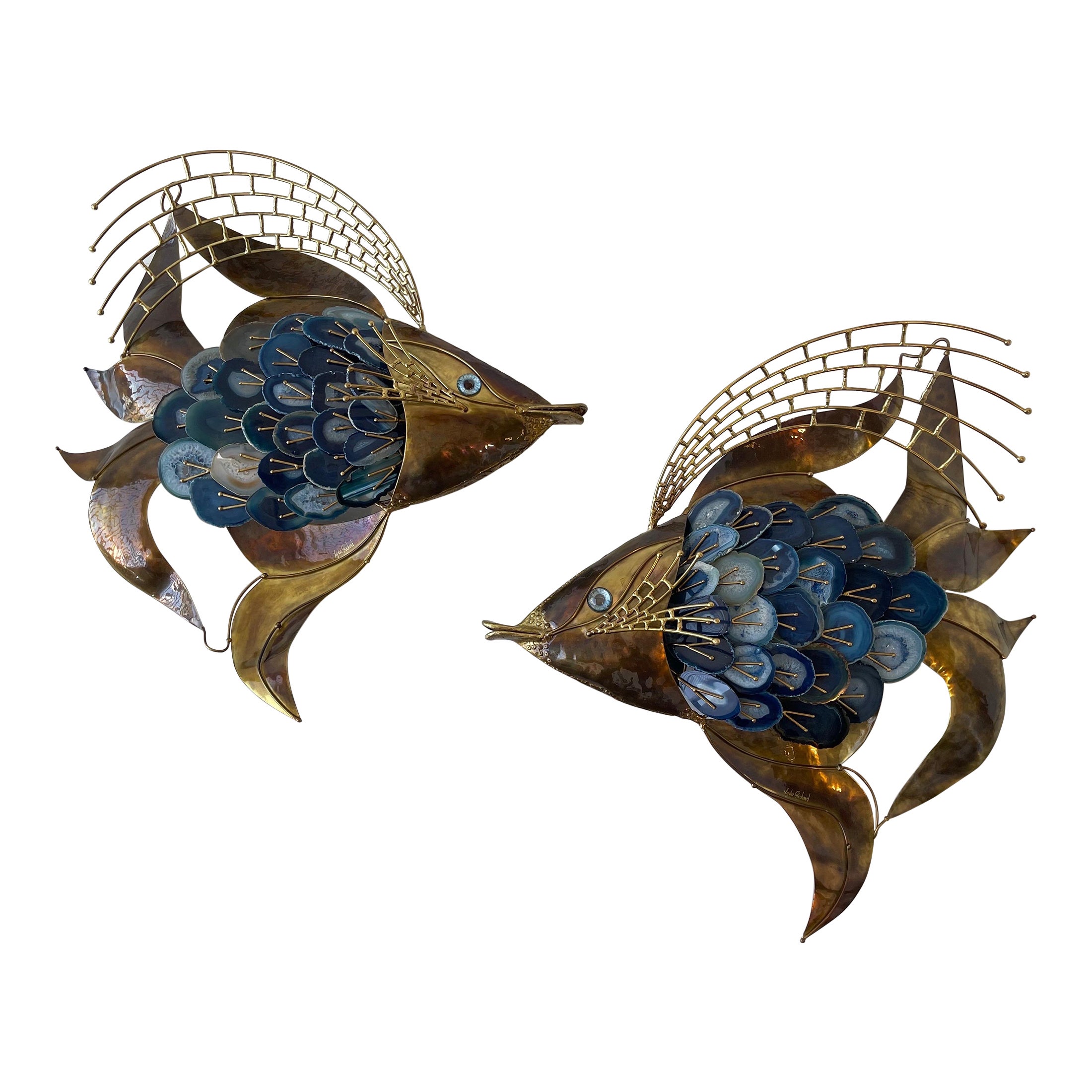 Signed Isabelle & Richard Faure Pair of Agate and Brass Fish Sconces