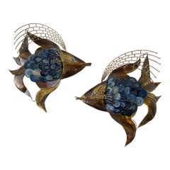 Retro Signed Isabelle & Richard Faure Pair of Agate and Brass Fish Sconces 