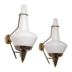 Large Italian Brass and Satin Glass Wall Lights, 1950s