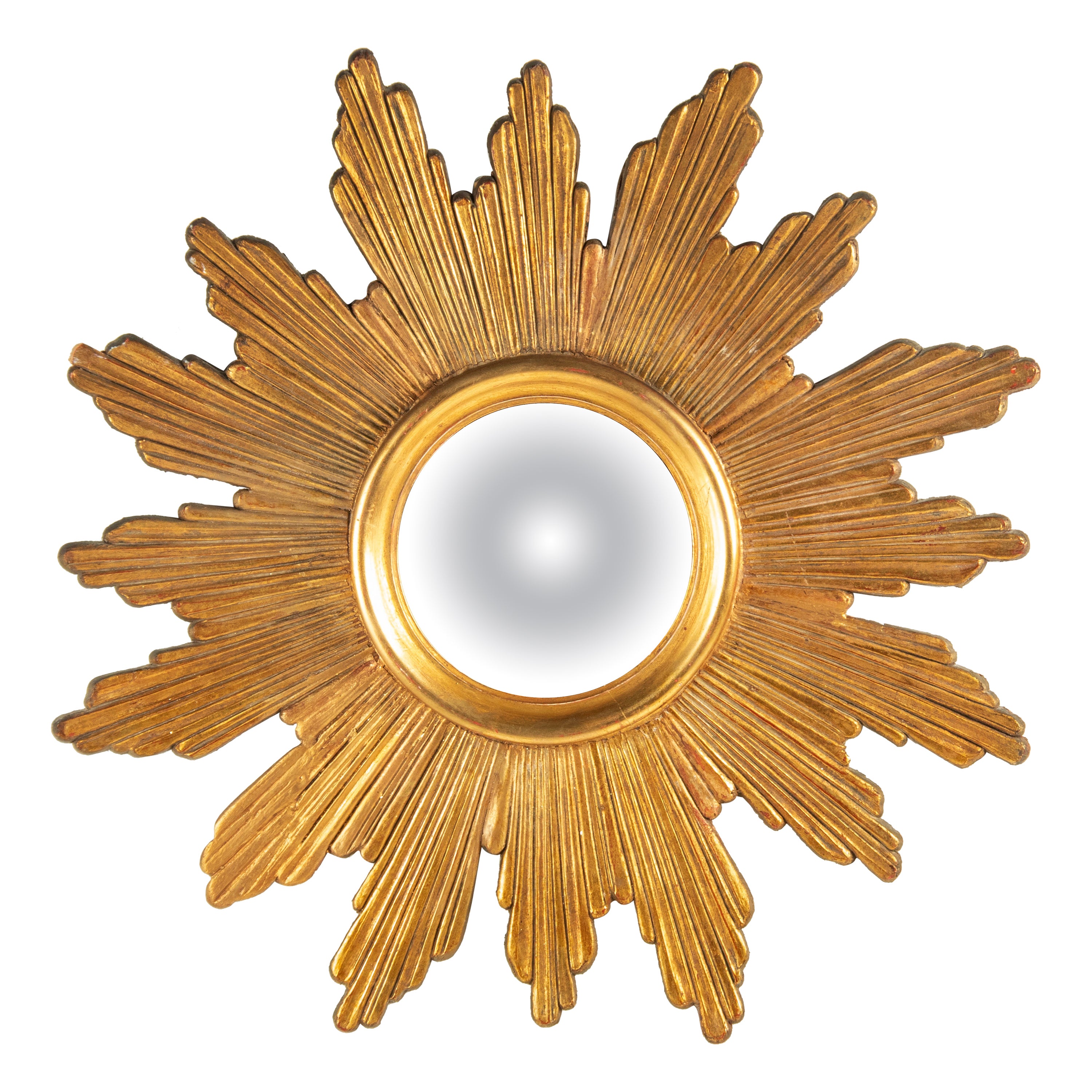 Mid-Century Modern Giltwood Carved Convex Sunburst Mirror For Sale