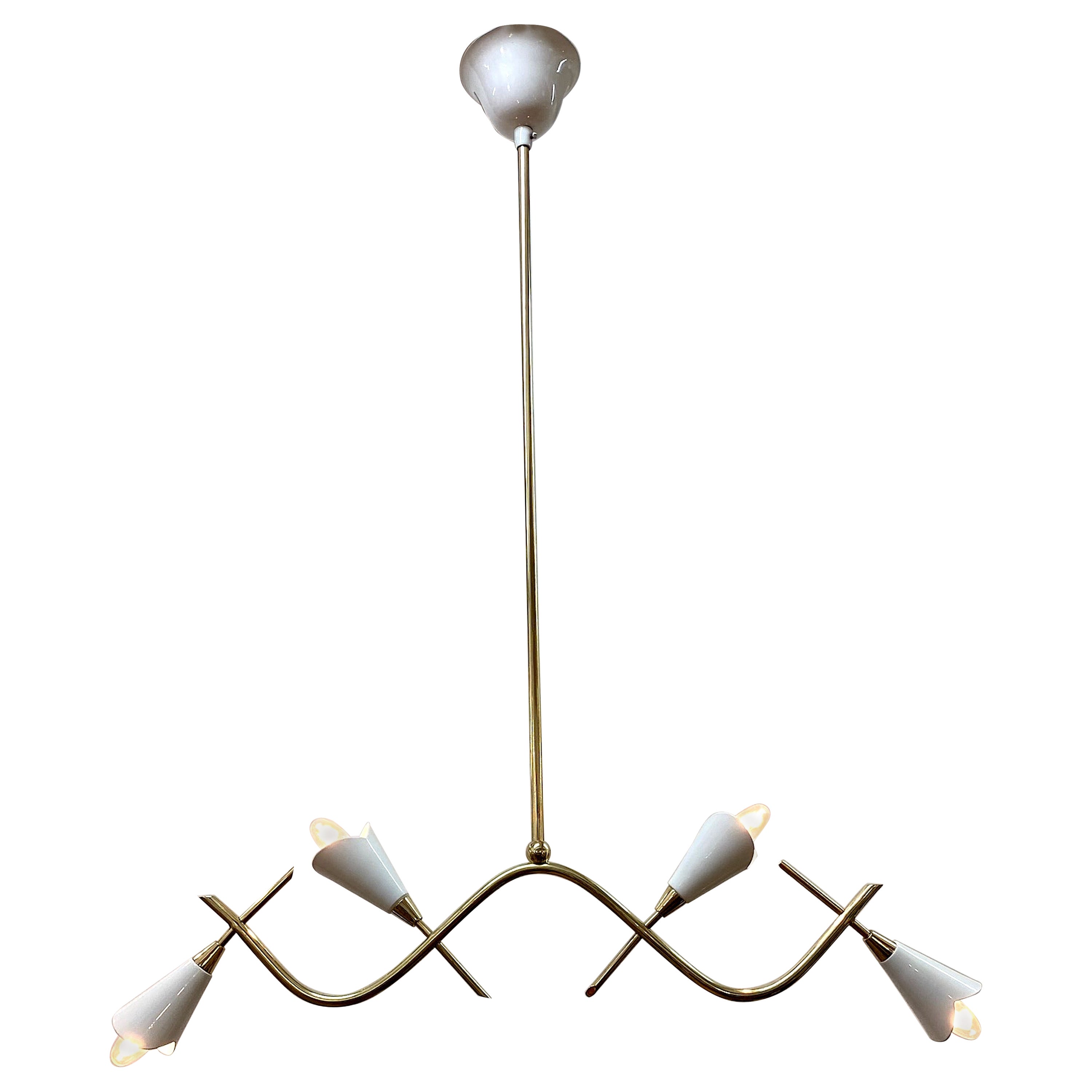 Italian 1950s Brass and White Enamel Pendant Light Chandelier For Sale