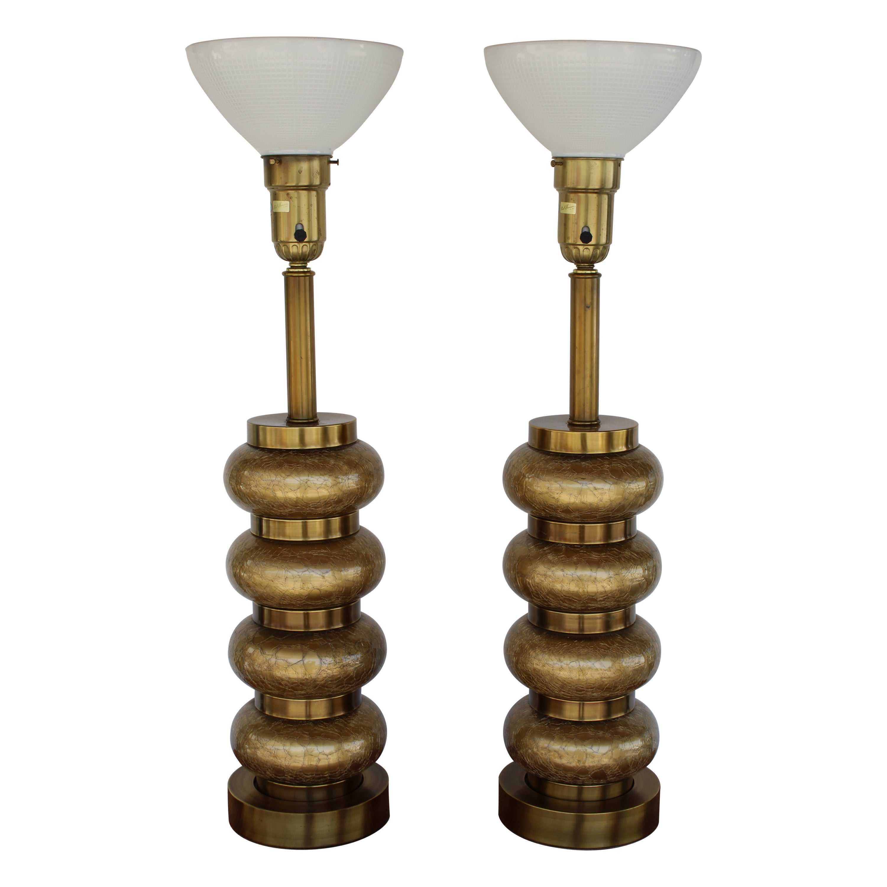 Pair of Paul Hanson Crackle Glass and Brass Table Lamps