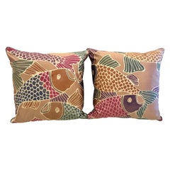 Silk Throw Pillows with Koi Pond Scene, Pair