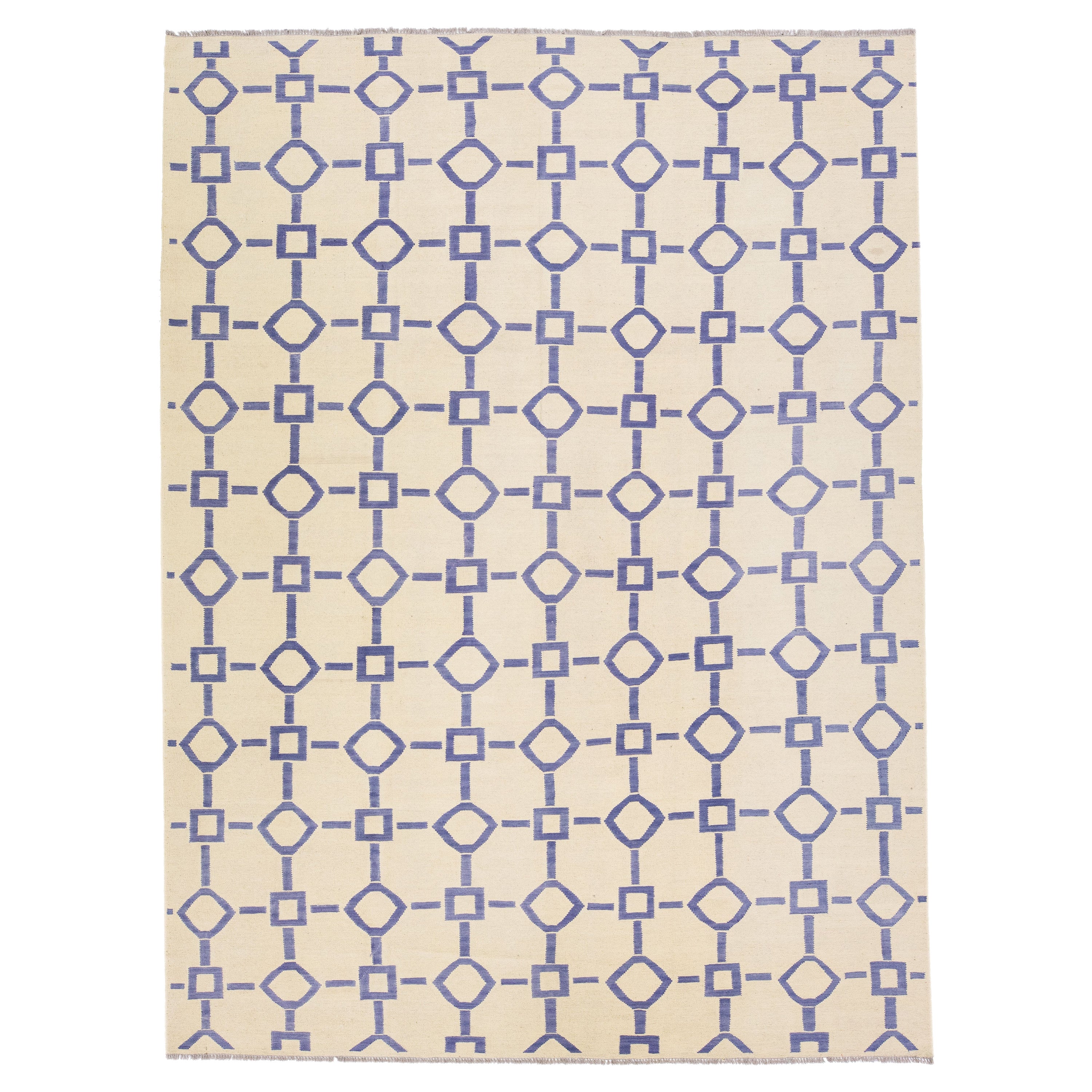 Ivory Modern Kilim Wool Rug Flatweave with Geometric Pattern