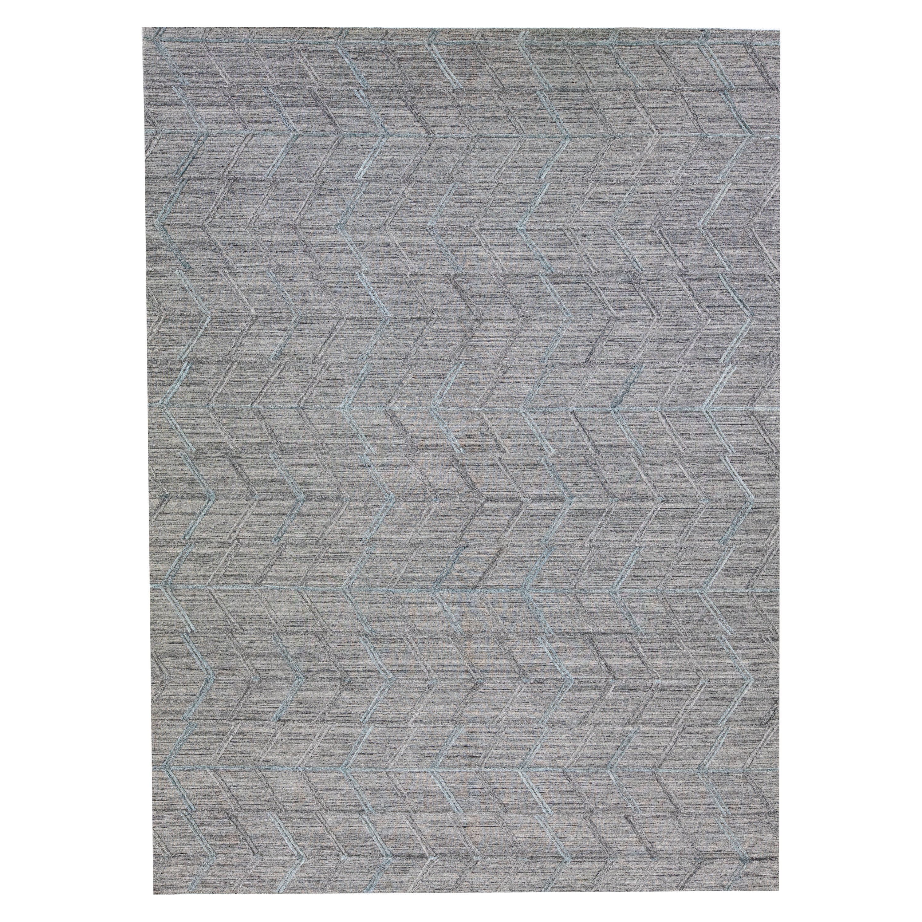 Modern Gray Indian Transitional Flat-Weave Wool Rug