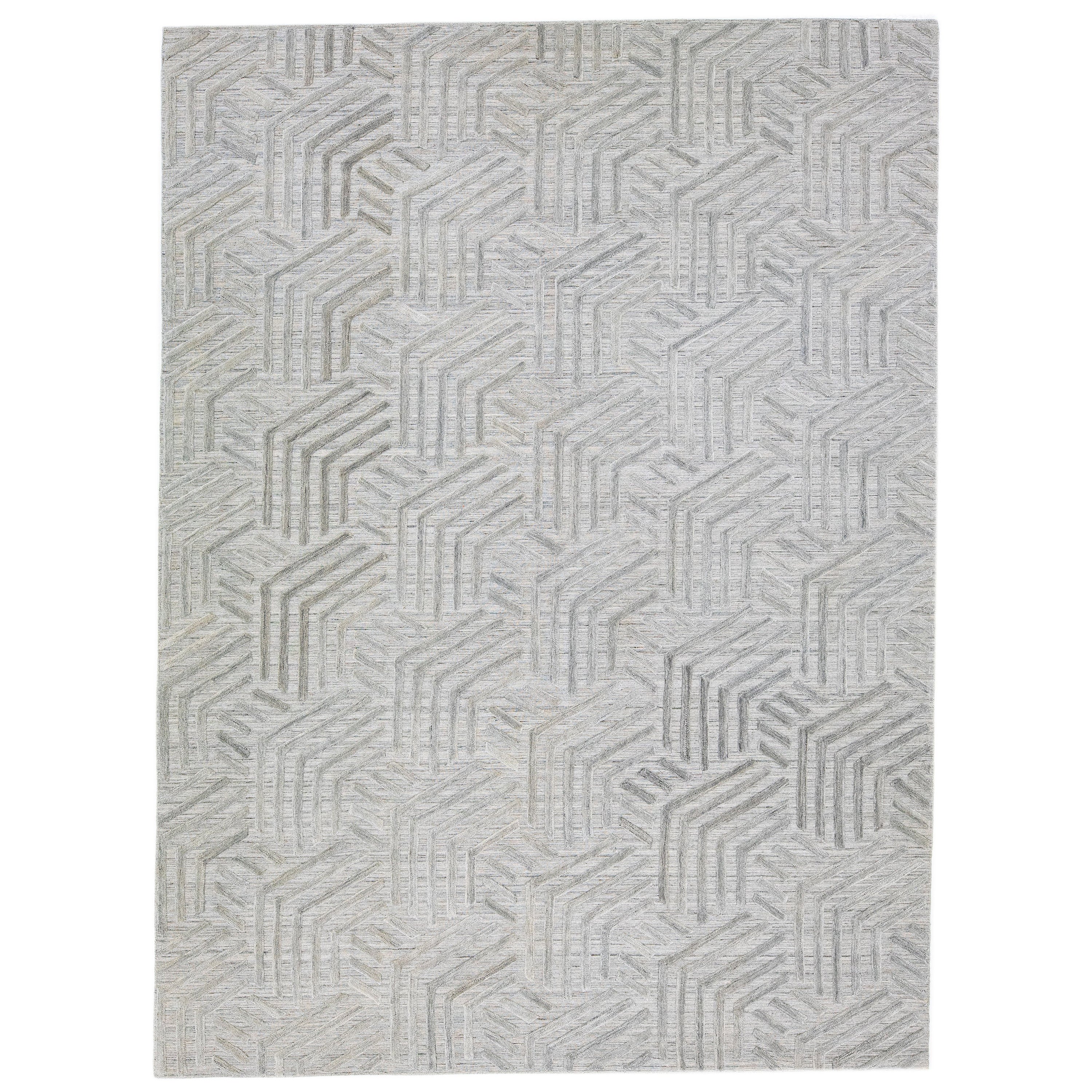 Tapis abstrait moderne indien transitionnel en laine tissée à plat, gris  en vente
