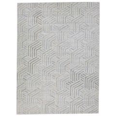 Tapis abstrait moderne indien transitionnel en laine tissée à plat, gris 