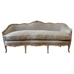 Antique French Louis XV Style Sofa in Bleached Oak and Irish Linen Upholstery