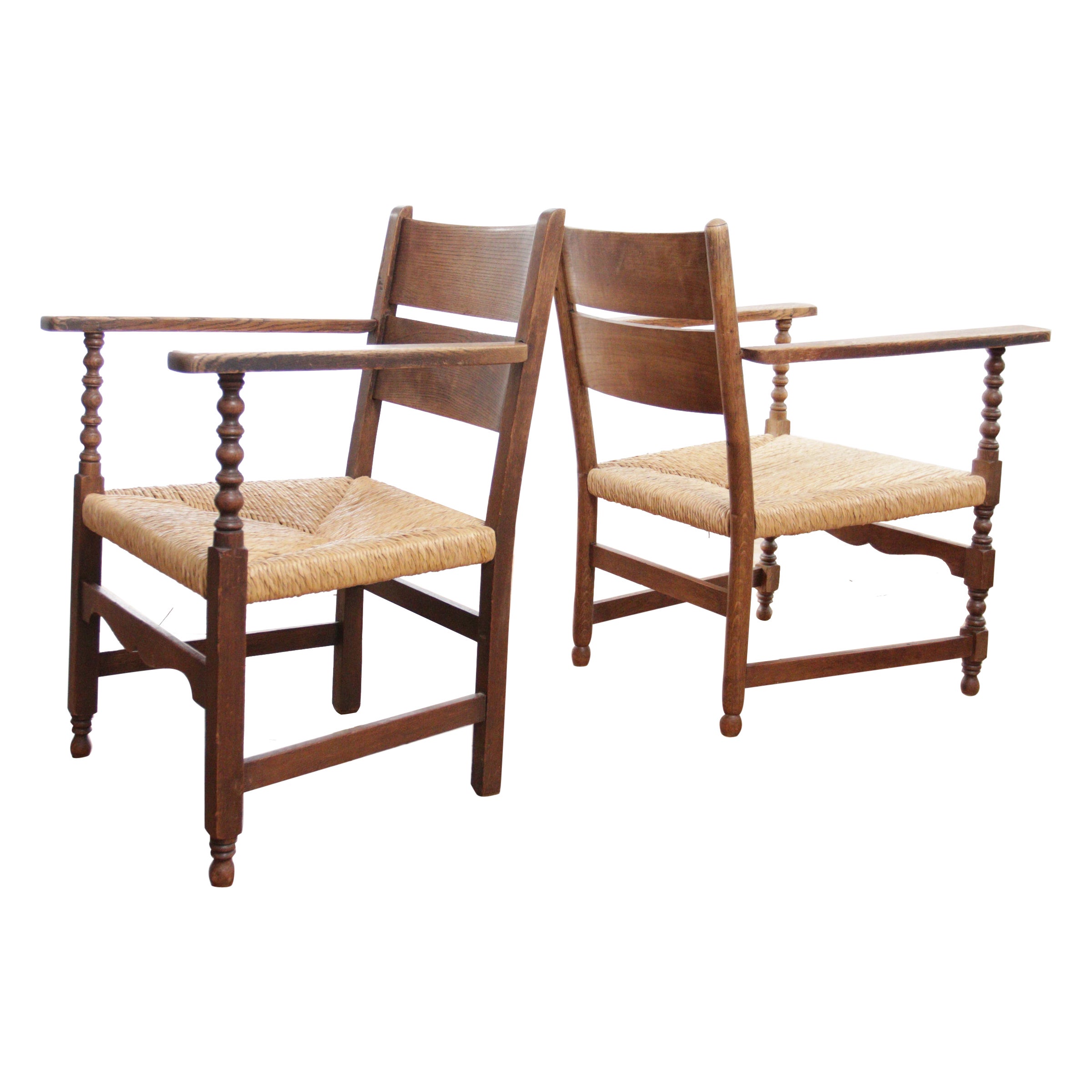 Set of two Dutch Man's and Women's Ladder Back Oak Rush Seat Armchairs