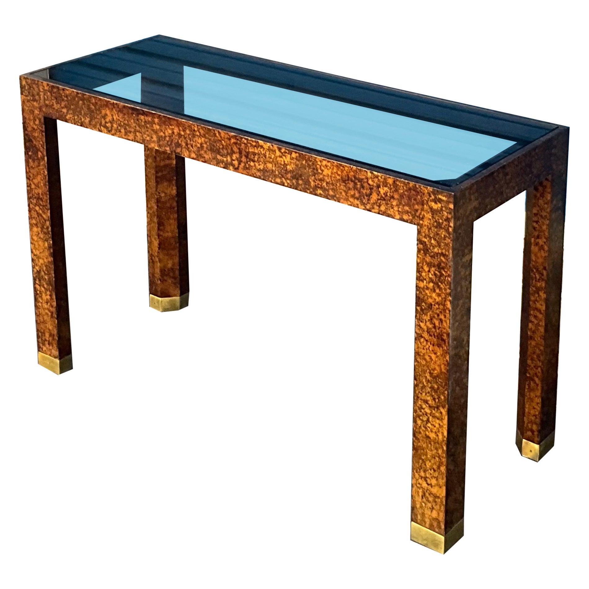 1970s Modern Parsons Style Faux Tortoise Brass & Glass Console Table