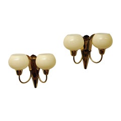 Vintage Pair of Norwegian Brass and Glass Wall Lamps by Br Sæther, 1940s