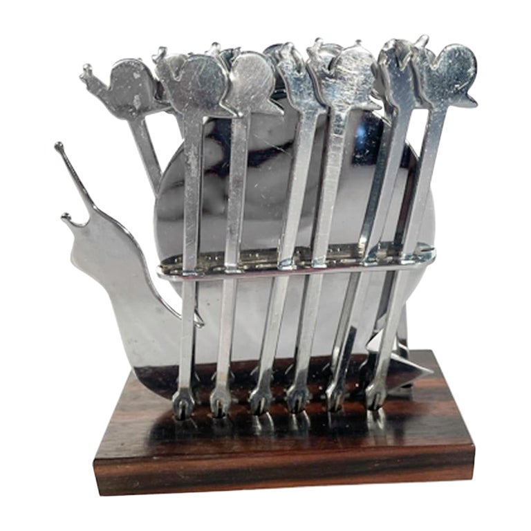 Art Deco Chrome Cocktail Picks and Stand, Snail Form Holder w/Snail Topped Picks For Sale
