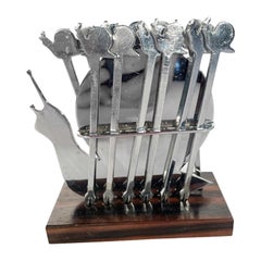 Art Deco Chrome Cocktail Picks and Stand, Snail Form Holder w/Snail Topped Picks