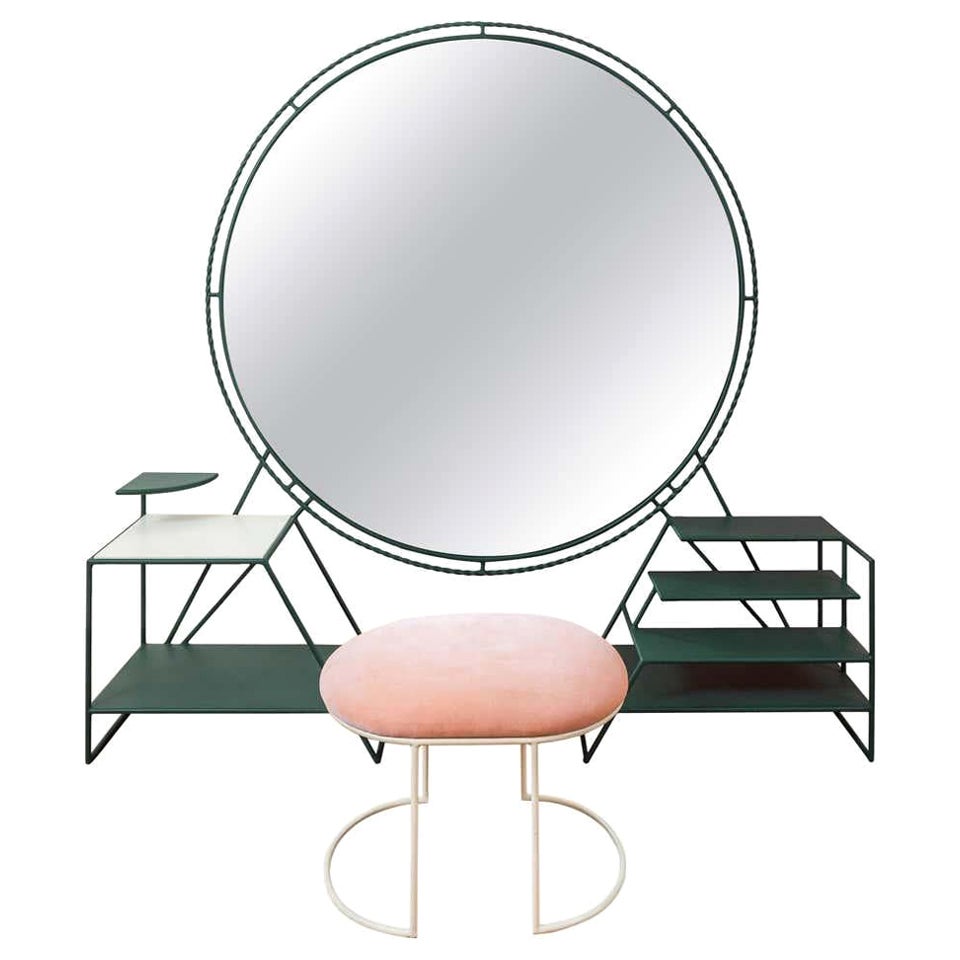 Vanity + Otoman - Bienvenue, fabriqué à la main en métal, bois et verre miroir en vente
