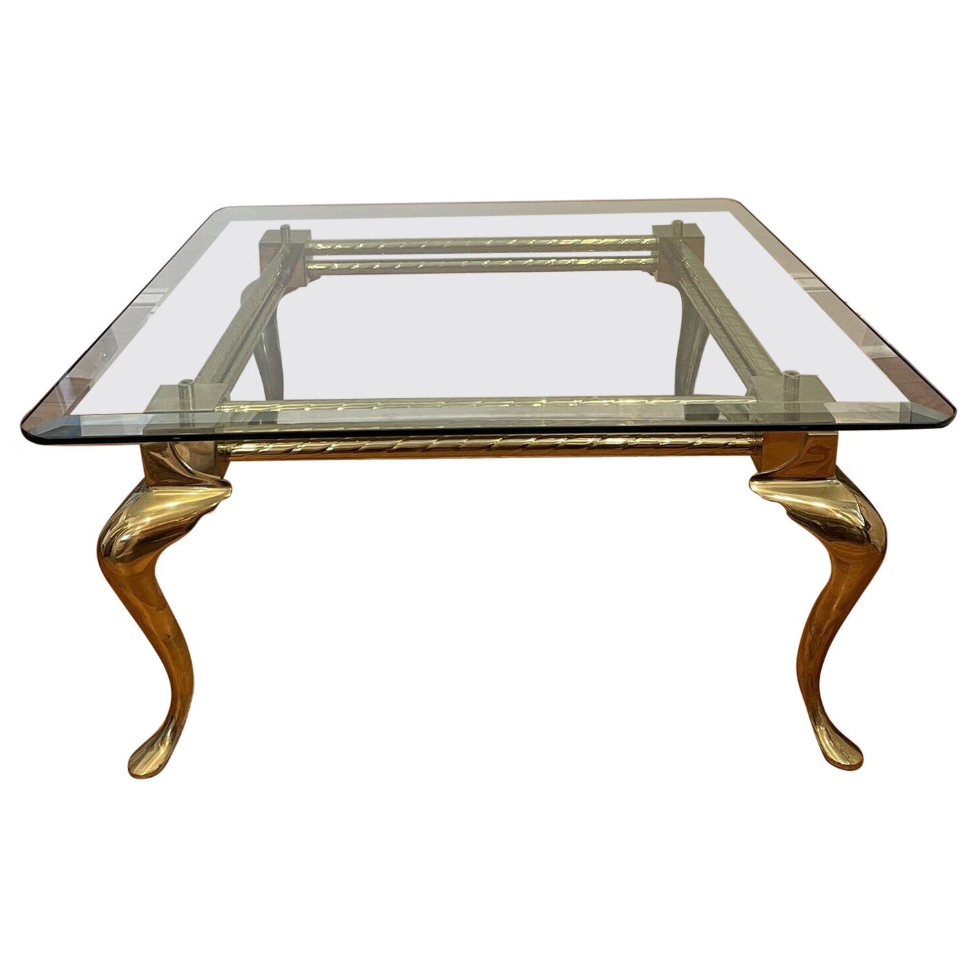 Vintage Brass Cabriole Leg and Industrial Design Coffee Table For Sale