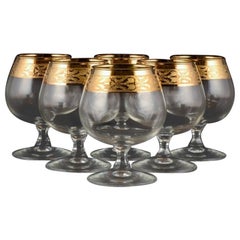 Vintage Italian Design, Six Brandy Glasses in Clear Art Glass with Gold Rim