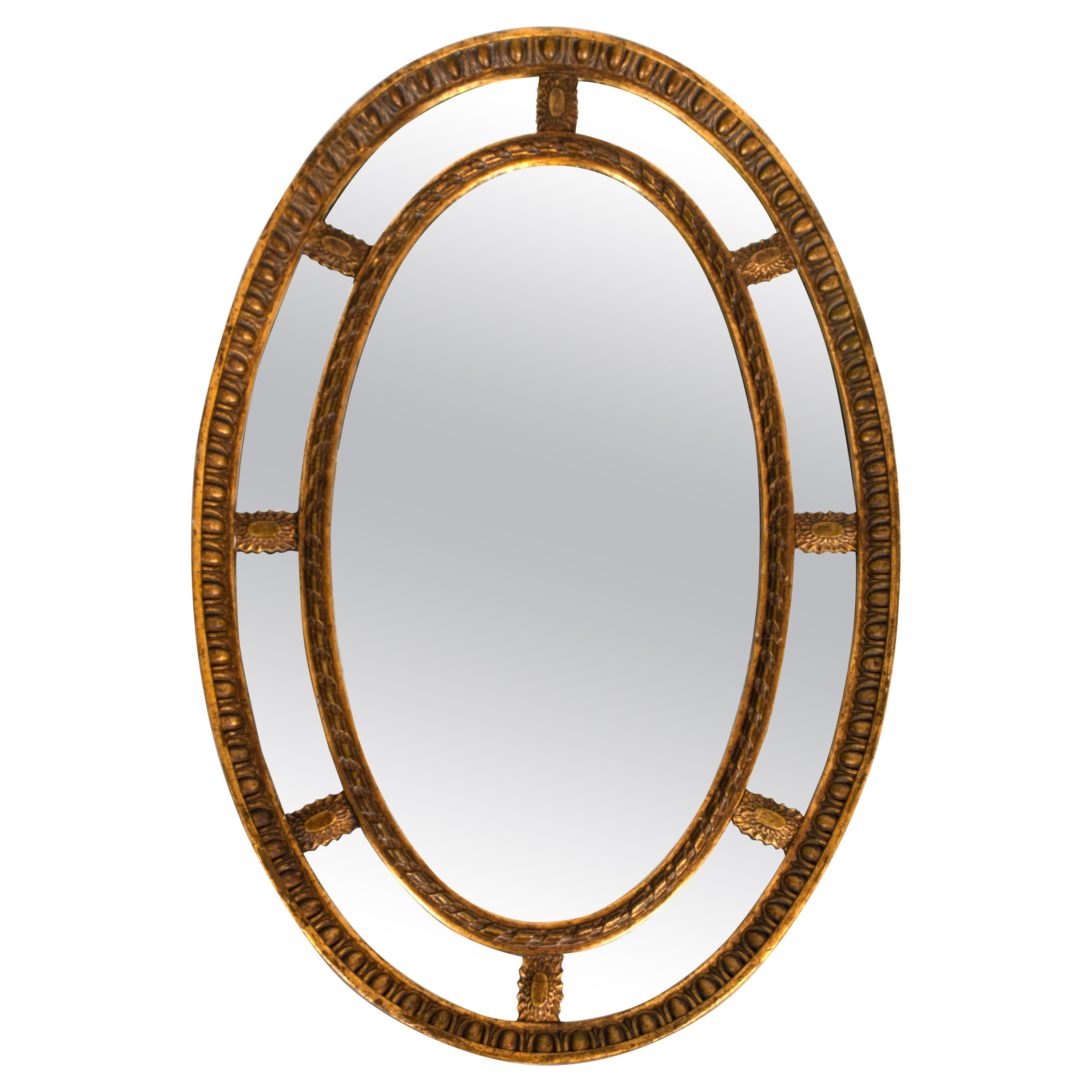 Large Antique English Neoclassic Oval Gilt-Wood & Gesso Sectional Mirror, C.1910 For Sale