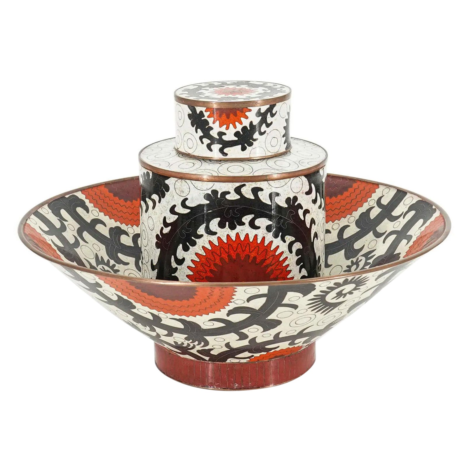 Fabienne Jouvin Cloisonne Enamel Bowl and Jar Set For Sale