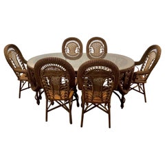 Vintage Wicker Dining Room Table with 6 Wicker Chairs