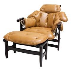 Brazilian Modern “Jangada” Armchair & Stool in Hardwood & Leather, Jean Gillon