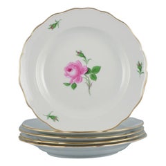 Vintage Meissen, Germany, Pink Rose, Five Dinner Plates, Mid-20th Century