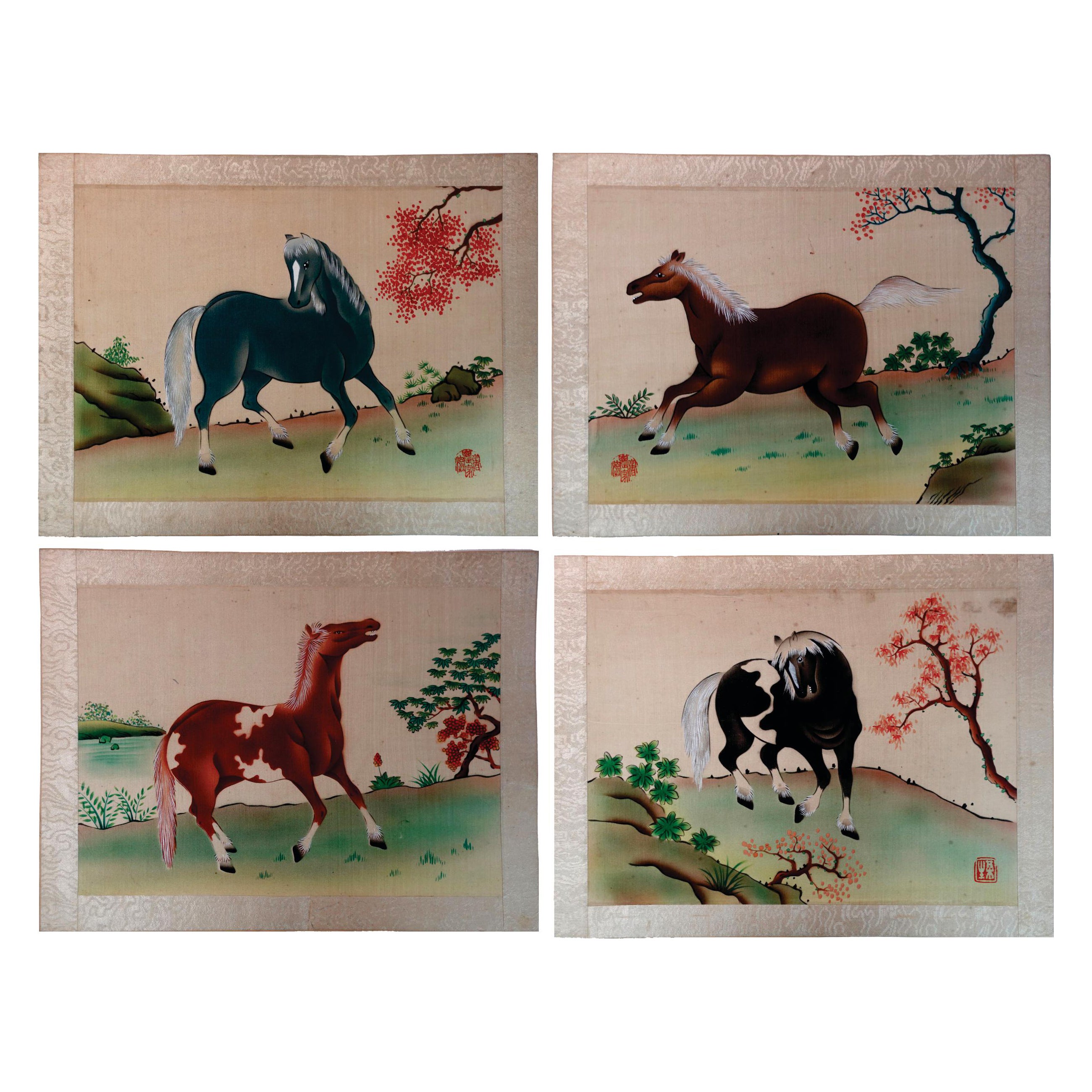 4 Chinese Export Watercolor Paintings "Horses" on Silk Stamped, 19th Century For Sale