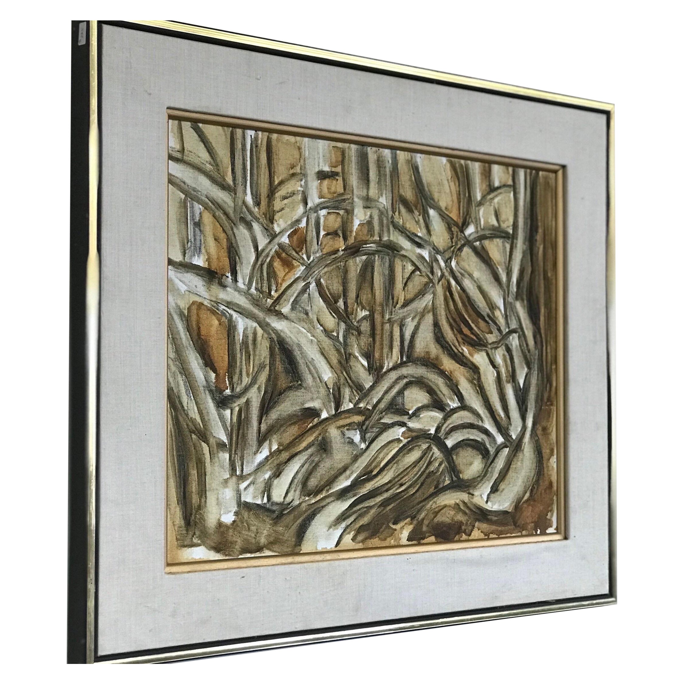 Vintage Mid-Century Modern Oil Painting Golden Tones Abstract Primitive Framed For Sale