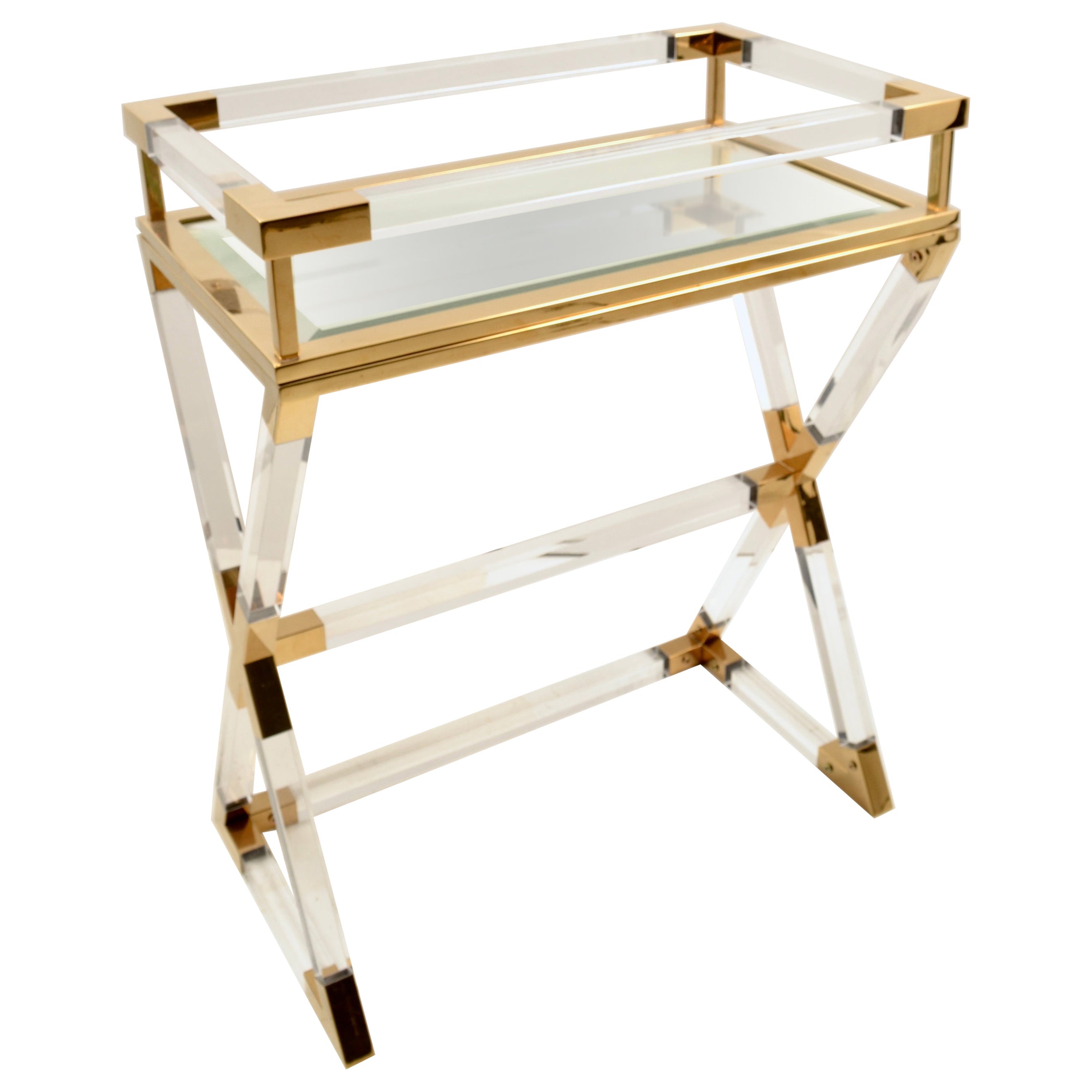 Lucite and Brass Bar with Mirror Tray